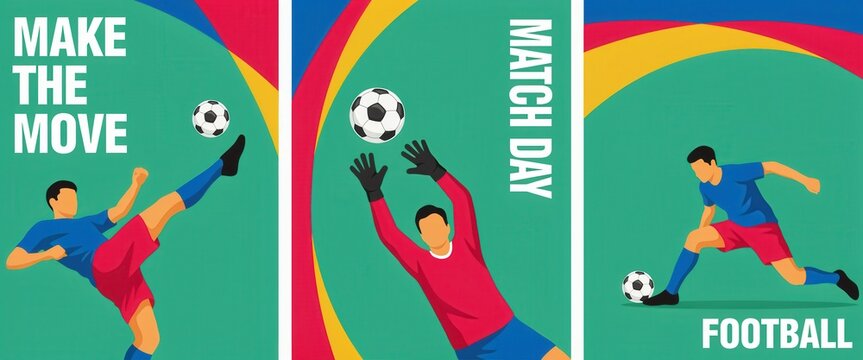 Set of football player illustrations with soccer ball