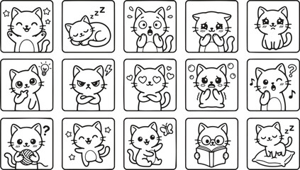 Fototapeta premium Cute cartoon cat in different poses and emotions sleeping playing and sitting vector illustration