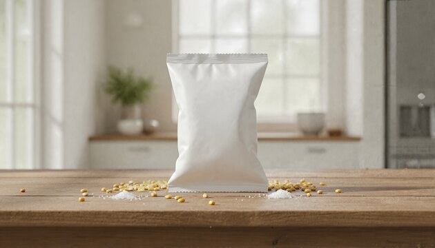 Premium white snack bag on a rustic table with organic corn kernels and sea salt