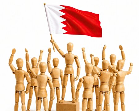 Wooden mannequin dolls cheering and holding the national flag of Bahrain