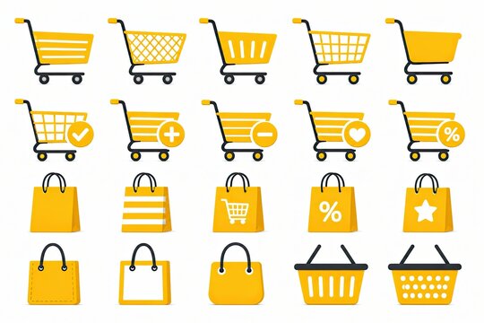 Set of yellow shopping cart and bag icons for online store website