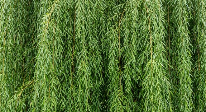 Close-up view of a weeping willow tree with long, slender, vibrant green leaves hanging downwards in a dense, cascading pattern, creating a natural botanical texture and background