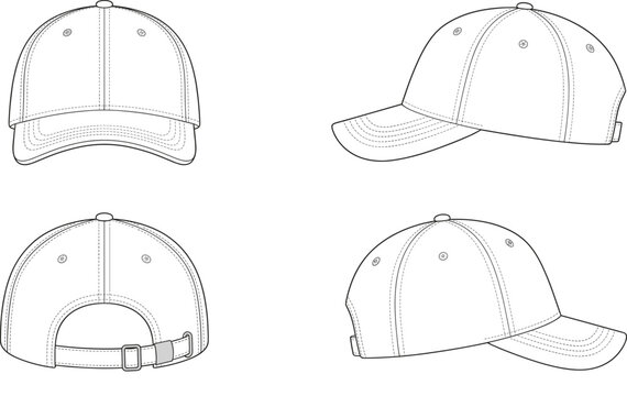 Blank baseball cap vector mockup, front back and side views technical flat illustration