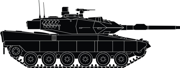 Fototapeta premium Modern military main battle tank side view black silhouette illustration isolated on a clear white background