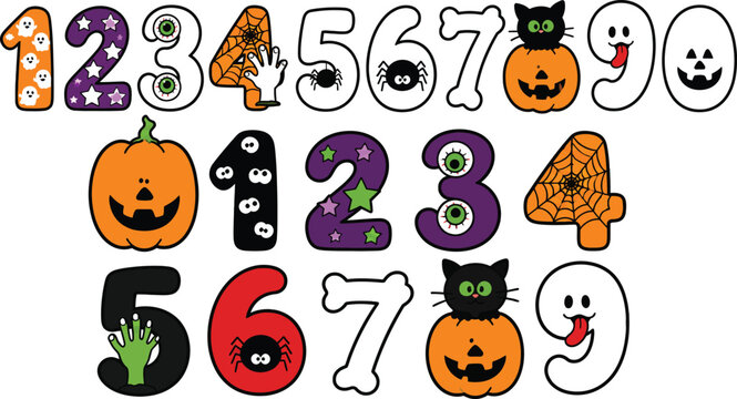 Halloween Cartoon Number Set for Kids - Spooky Ghost, Pumpkin, Spider, and Bone Vector Illustrations for Party Invitations, Educational Materials, and Holiday Decorations - 0 to 9