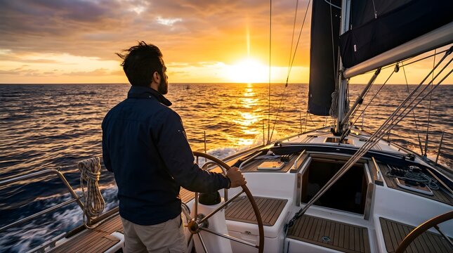 Man steering a sailboat into the sunset over the calm open ocean