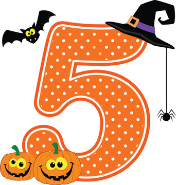 Spooky Halloween Vector Illustration of Decorative Number Five with Witch Hat, Bat, Spider and Smiling Pumpkins for Kids Party Invitation, Birthday Celebration, and Seasonal Graphic Design