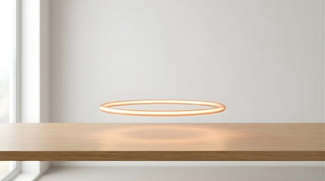 Minimalist wooden table surface with glowing golden ring light element