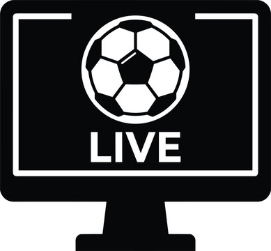 Live soccer match broadcast icon featuring a football on a computer monitor screen on white background