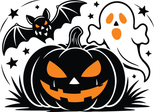 Spooky Halloween Vector Illustration Featuring a Grinning Jack-o'-Lantern, Flying Bat, and Eerie Ghost with Glowing Orange Eyes and Stars Background for Festive Seasonal Holiday Designs