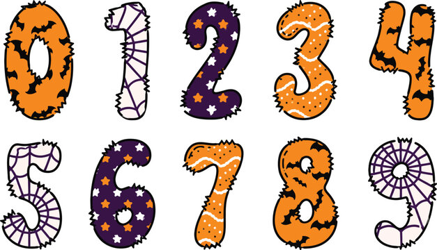 Halloween Numbers Set with Spooky Bats Spider Webs and Stars for Sublimation and DTF Designs, Fun Holiday Numerals 0-9 for Festive Party Invitations, Crafts and Seasonal Decor Graphics.