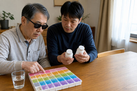 Adult Son Organizing Medication for a Father with Low Vision