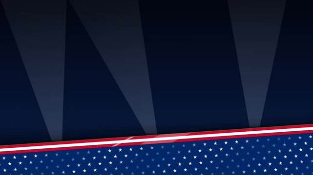 American USA flag lower banner with spotlights on a dark blue background. This seamless patriotic motion graphic loop is perfect for 4th of July and election videos with copy space.