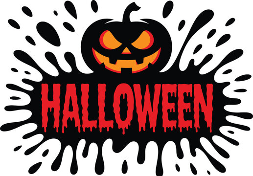 Spooky Halloween Vector Illustration Featuring a Scary Jack-o'-lantern Pumpkin with Glowing Orange Eyes and Dripping Red Text on an Edgy Black Liquid Splash Background for Party Designs