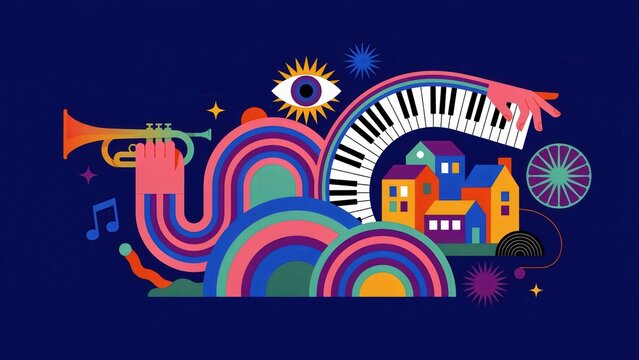 Abstract musical illustration with piano and trumpet