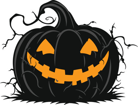 Spooky Black Halloween Jack-o'-lantern Vector Illustration with Glowing Orange Face and Thorny Vines, Creepy Pumpkin Character for Festive Autumnal Horror Decorations and Graphic Design