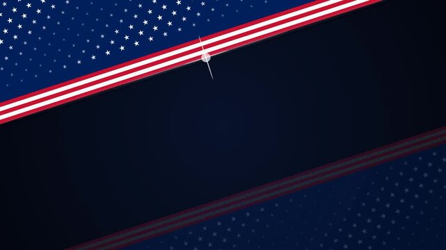 American USA flag diagonal banner with a moving luminous light flare on a dark blue background. This seamless patriotic loop is perfect for election and 4th of July videos.