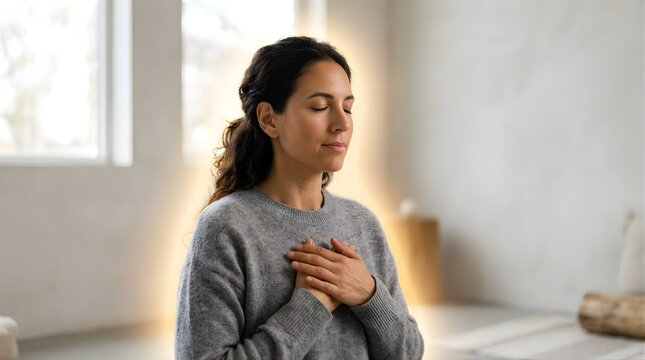 Peaceful woman with eyes closed holding hands on chest in home interior