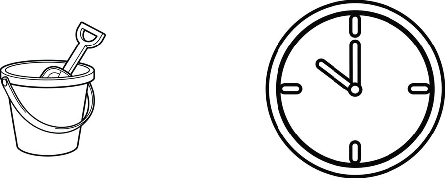 A simple black and white line art illustration featuring a beach bucket with shovel and a wall clock