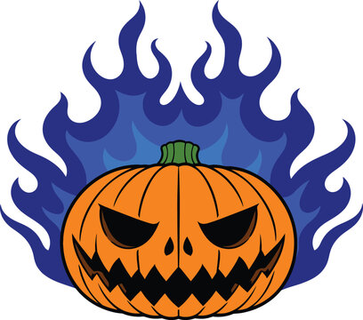 Scary Halloween Jack-o'-Lantern with Intense Blue Flames, Evil Pumpkin Face Vector Illustration for Spooky Decorations, Greeting Cards, Party Posters, and Creative Festive Designs.