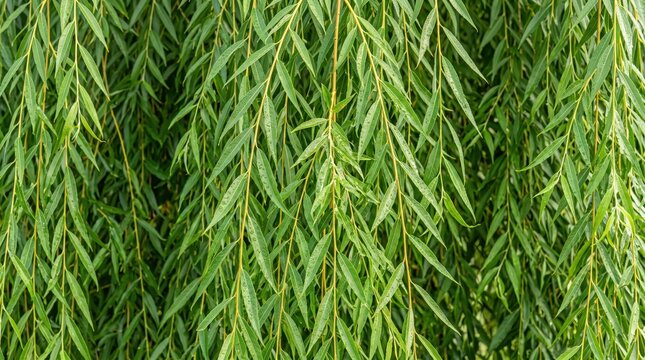 Close-up view of cascading green willow tree branches with long, slender, pointed leaves hanging downwards, creating a dense, natural texture and a vibrant botanical pattern in shades of lime