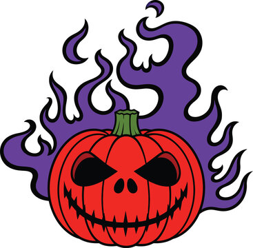 Scary Halloween Jack-o-lantern Vector Illustration with Intense Purple Flames and Smoke. Spooky Burning Pumpkin with Evil Smile for Autumn Holiday Decor and Creepy Graphic Design Projects.