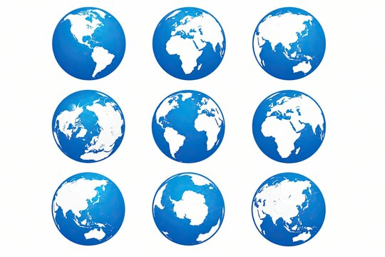 Set of blue pixel art globe icons showing different world maps