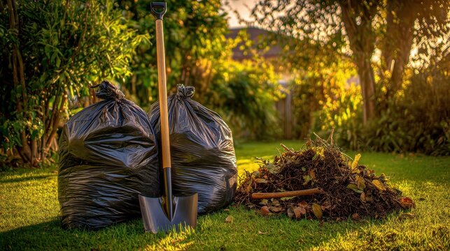 A garden cleanup setting with black garbage bags filled with yard waste and a shovel on green grass. Perfect for landscaping and gardening concepts.