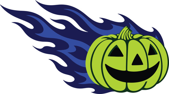 Spooky Green Halloween Jack-O'-Lantern Pumpkin with Racing Blue Flames Vector Illustration, Perfect for Speeding Holiday Designs, Scary Party Decor and Intense Seasonal Art Graphics.