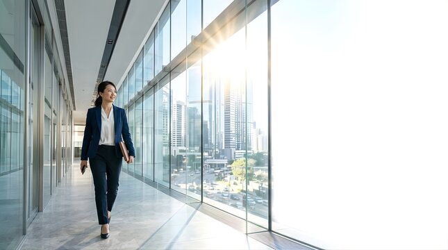 Professional Asian businesswoman walking in modern office corridor
