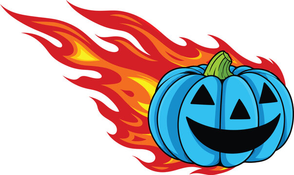 Blue Flaming Halloween Jack-O'-Lantern Vector Illustration - Fast Racing Pumpkin with Hot Fire Trails Graphic for Creative Spooky Designs, Seasonal Decor, and Festive Party Posters