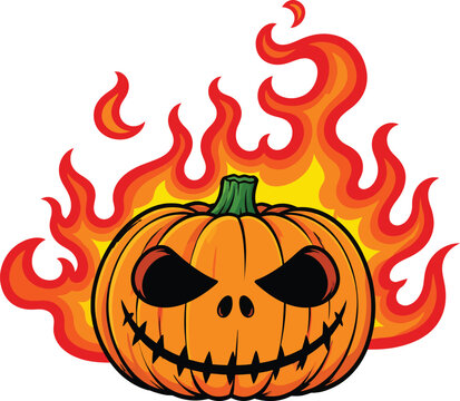Spooky Flaming Halloween Jack-O'-Lantern Vector Illustration Featuring an Evil Grinning Pumpkin with Fierce Fire Flames Background, Perfect for Scary Holiday Decorations and Party Designs