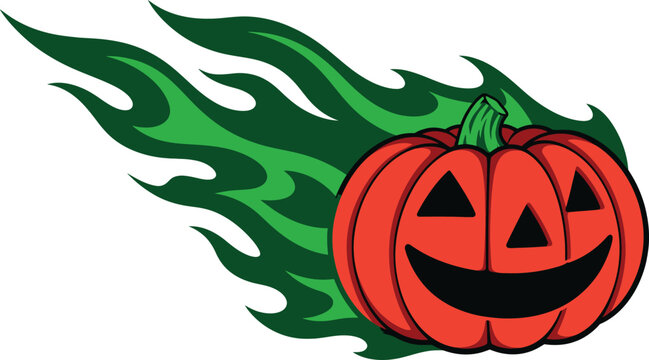 Spooky Halloween Jack-O'-Lantern Vector Illustration with Vibrant Green Fire Flames Trail, Fast Racing Speeding Pumpkin Graphic for Seasonal Decor, Party Invitations and Creative Projects