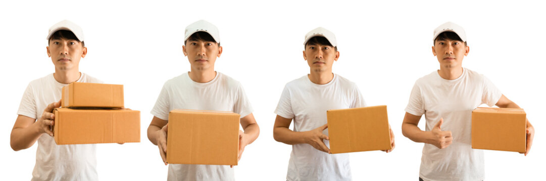 Asian delivery man holding parcel boxes isolated on transparent background