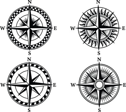 Vintage nautical compass rose vector icon collection featuring decorative windrose stars for marine navigation and cartography maps