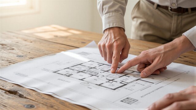 Two hands point at a detailed architectural blueprint on a wooden table.
