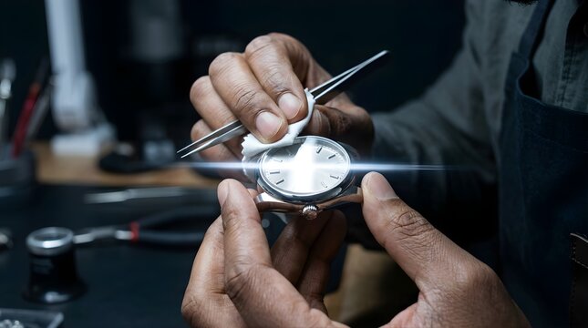 Professional watchmaker cleaning a luxury wristwatch with tweezers in shop