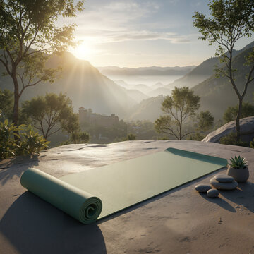 Yoga mat in serene morning light with picturesque mountain background