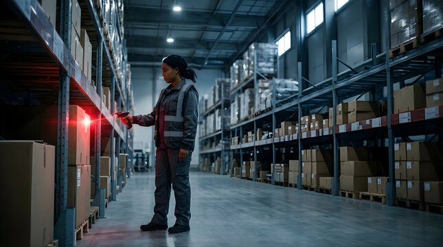 Professional woman scanning cardboard box in a warehouse aisle