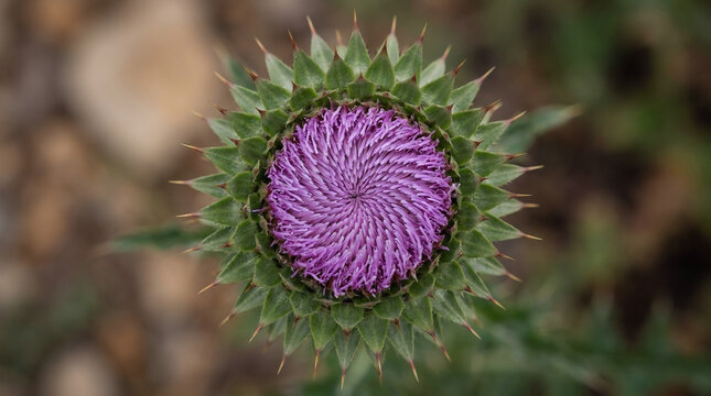 A top-down thistle close-up photography shot highlighting the vibrant purple flower petals framed by sharp green spiky bracts in a natural setting.