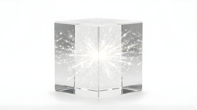 Shining crystal cube with glowing light burst isolated on white background