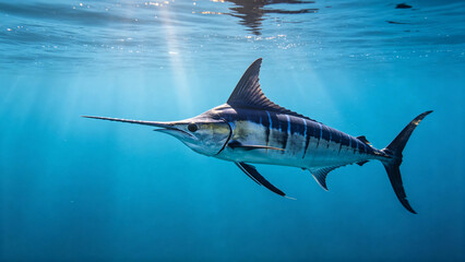 Obraz premium Striped marlin billfish swimming in open ocean, marine life concept