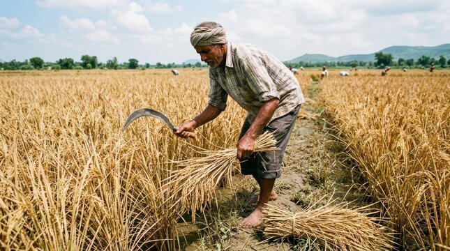 farmer harvesting green paddy crop with sharp sickle on farm