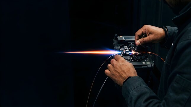 Technician splicing fiber optic cable with fusion machine in dark lab