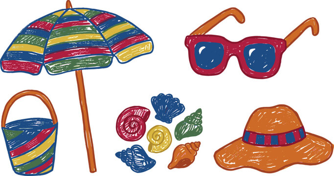Hand Drawn Summer Beach Vacation Icon Set Featuring Colorful Umbrella Sunglasses Pail Bucket Sun Hat and Seashells Vector Crayon Sketch Illustration