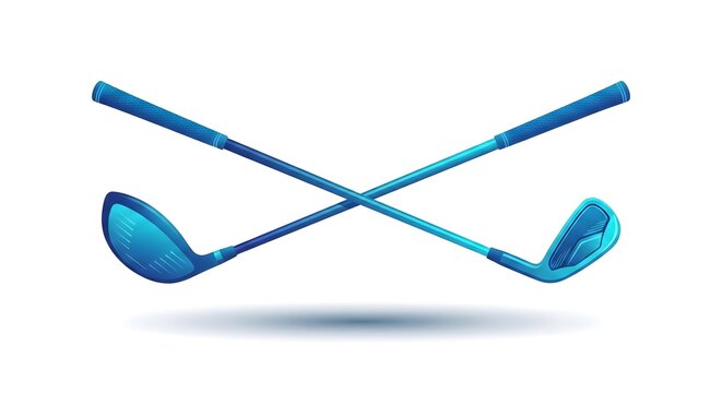 Two gradient blue and cyan golf clubs crossed with a smooth shadow effect on a white background, modern golf equipment vector illustration