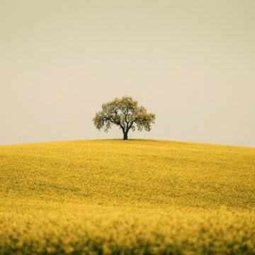 A single blooming tree stands on a vibrant yellow mustard field under an overcast sky. Perfect for nature and minimalist landscape designs.
