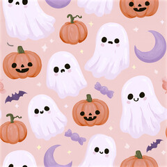 Fototapeta premium Cute Halloween ghost pumpkin pattern with smiling faces and purple moon on soft pink background