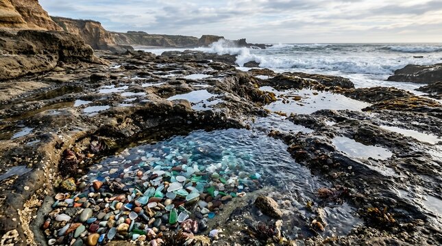 Colorful Sea Glass and Smooth Pebbles in a Rocky Tide Pool along a Rugged Ocean Coastline with Crashing Waves