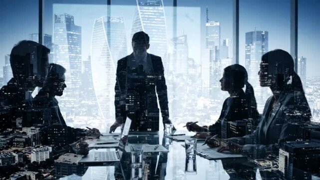 Business people silhouettes in modern office with panoramic city view, double exposure effect, meeting discussion, leadership, success, professional.
